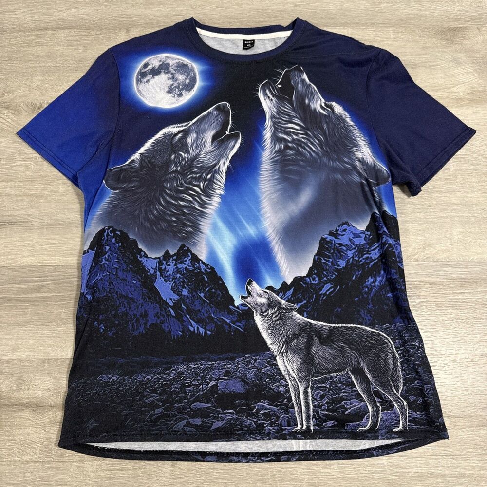Three Wolf Moon Shirt Howling Wolves Men’s Blue 2XL Stretch All Over Print Tee